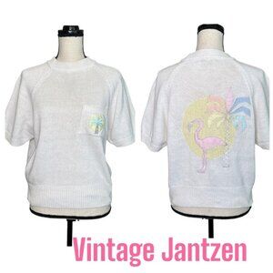 Vintage Jantzen Palm Tree & Flamingo Knit Sweater Off-White Short Sleeve Large